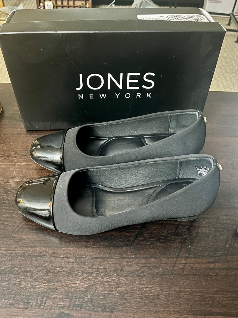 Jones New York Black Matte Ballet Flats with Patent Cap Toe